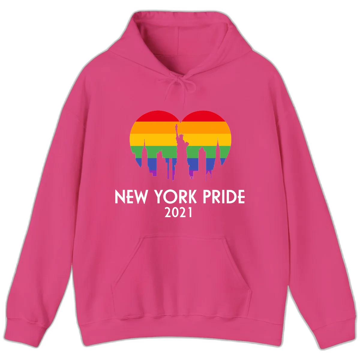 New York Pride 2021 design featuring Statue of Liberty and NYC skyline silhouettes overlaid with rainbow pride flag stripes in Heliconia