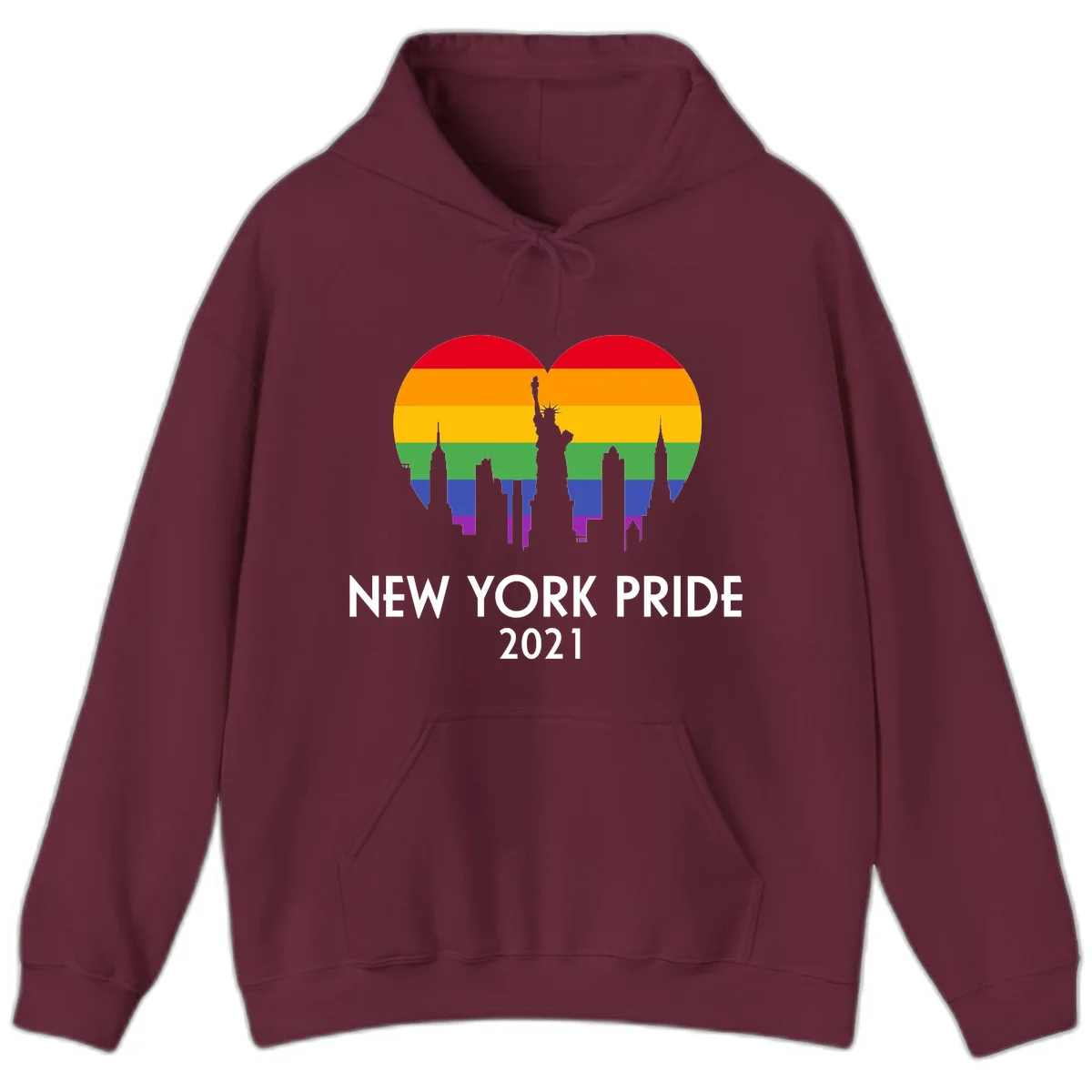 New York Pride 2021 design featuring Statue of Liberty and NYC skyline silhouettes overlaid with rainbow pride flag stripes in Maroon