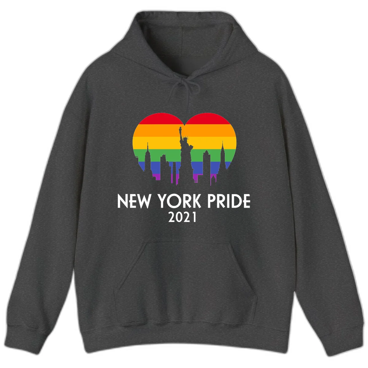 New York Pride 2021 design featuring Statue of Liberty and NYC skyline silhouettes overlaid with rainbow pride flag stripes in Dark Heather