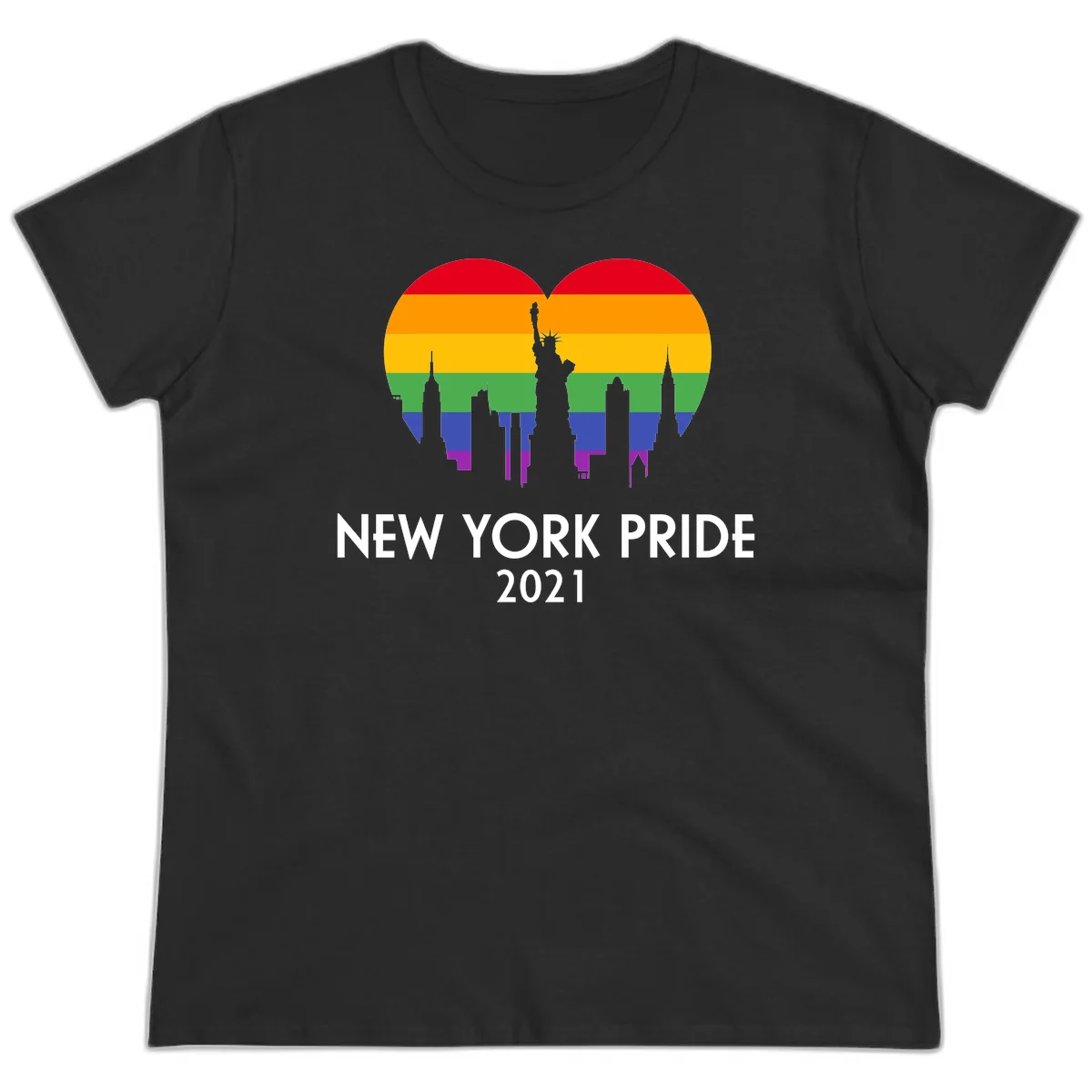 New York Pride 2021 design featuring Statue of Liberty and NYC skyline silhouettes overlaid with rainbow pride flag stripes in Black