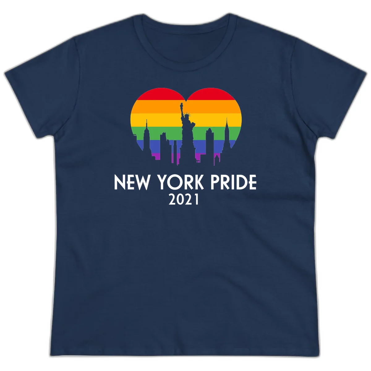 New York Pride 2021 design featuring Statue of Liberty and NYC skyline silhouettes overlaid with rainbow pride flag stripes in Navy