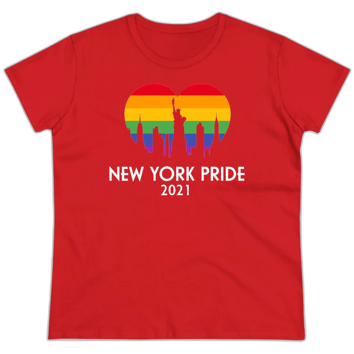 New York Pride 2021 design featuring Statue of Liberty and NYC skyline silhouettes overlaid with rainbow pride flag stripes in Red