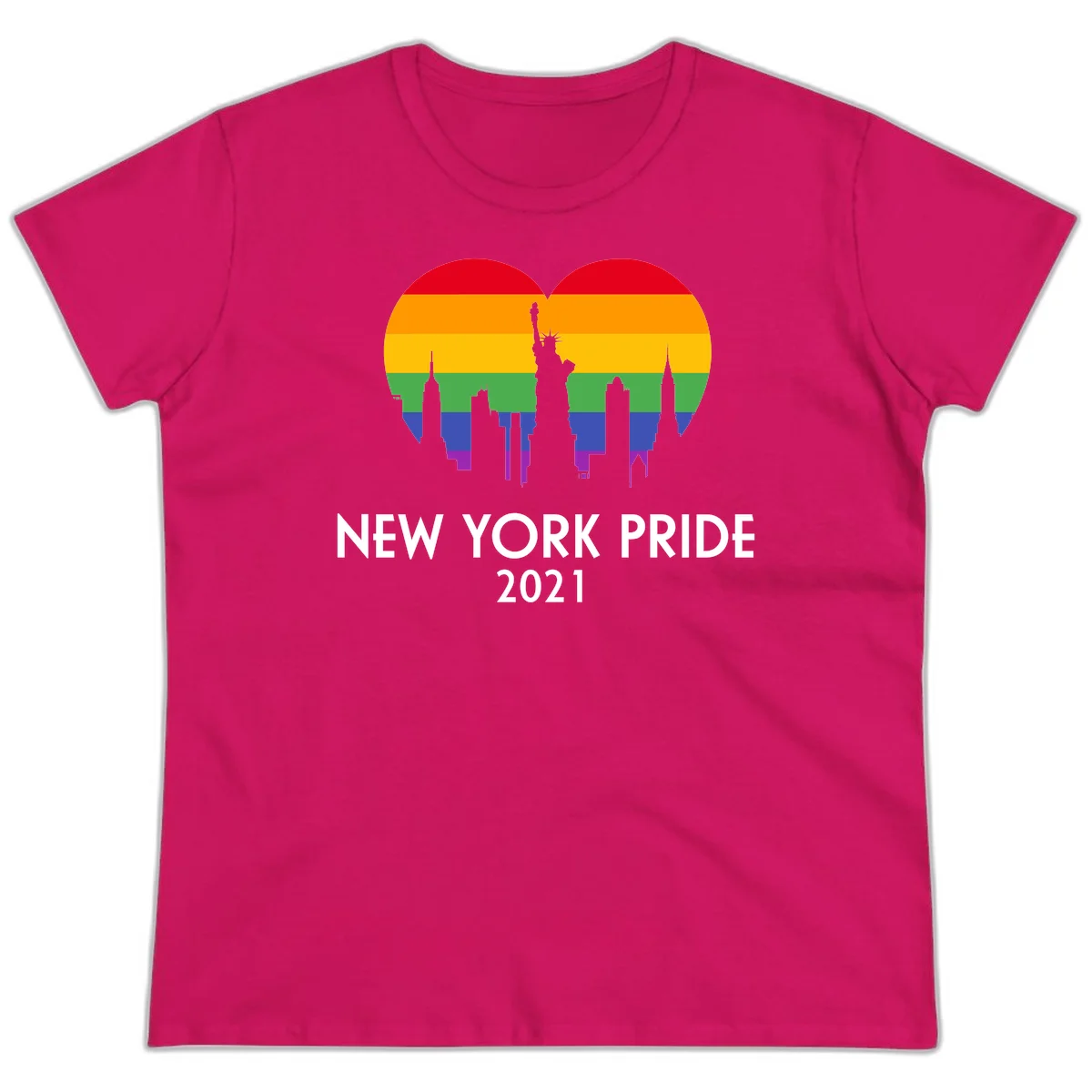 New York Pride 2021 design featuring Statue of Liberty and NYC skyline silhouettes overlaid with rainbow pride flag stripes in Heliconia