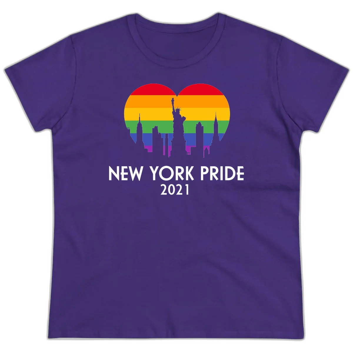 New York Pride 2021 design featuring Statue of Liberty and NYC skyline silhouettes overlaid with rainbow pride flag stripes in Purple