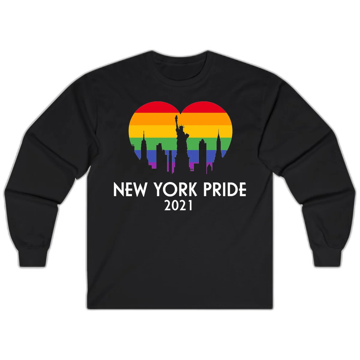 New York Pride 2021 design featuring Statue of Liberty and NYC skyline silhouettes overlaid with rainbow pride flag stripes in Black