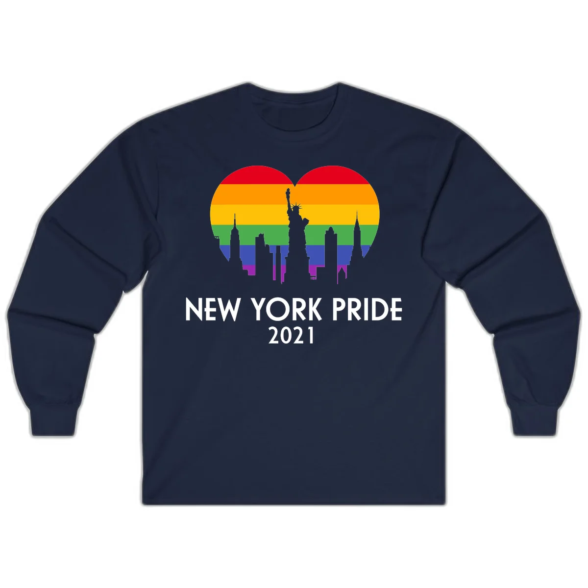 New York Pride 2021 design featuring Statue of Liberty and NYC skyline silhouettes overlaid with rainbow pride flag stripes in Navy