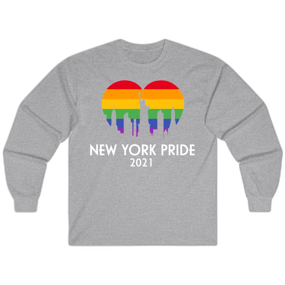 New York Pride 2021 design featuring Statue of Liberty and NYC skyline silhouettes overlaid with rainbow pride flag stripes in Sport Grey