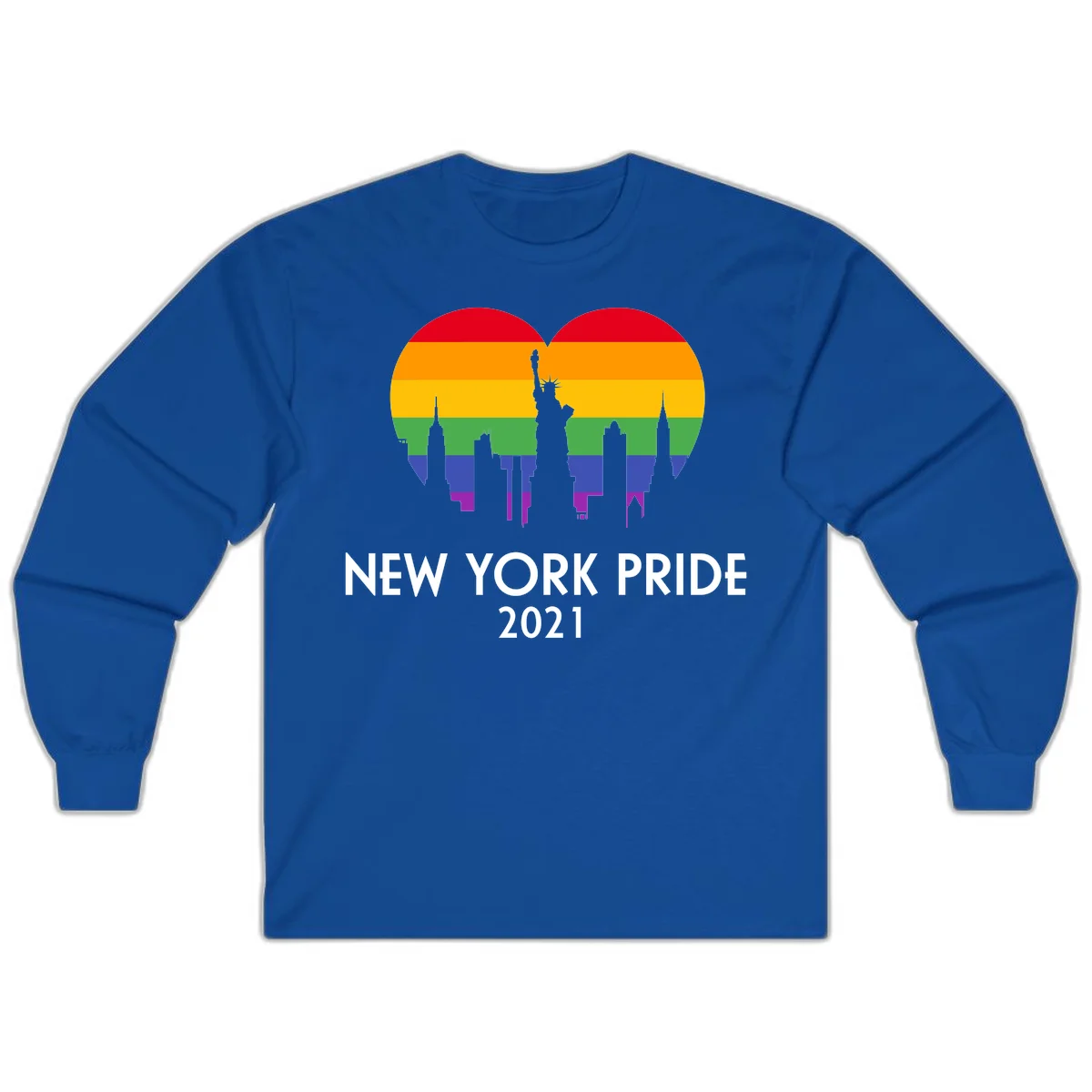 New York Pride 2021 design featuring Statue of Liberty and NYC skyline silhouettes overlaid with rainbow pride flag stripes in Royal