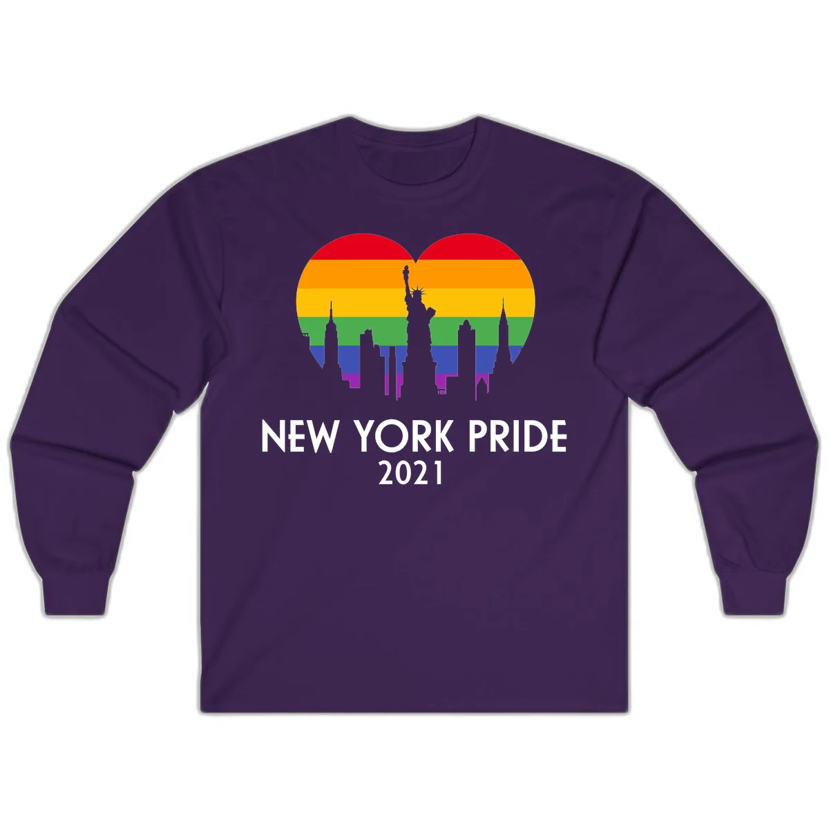 New York Pride 2021 design featuring Statue of Liberty and NYC skyline silhouettes overlaid with rainbow pride flag stripes in Purple