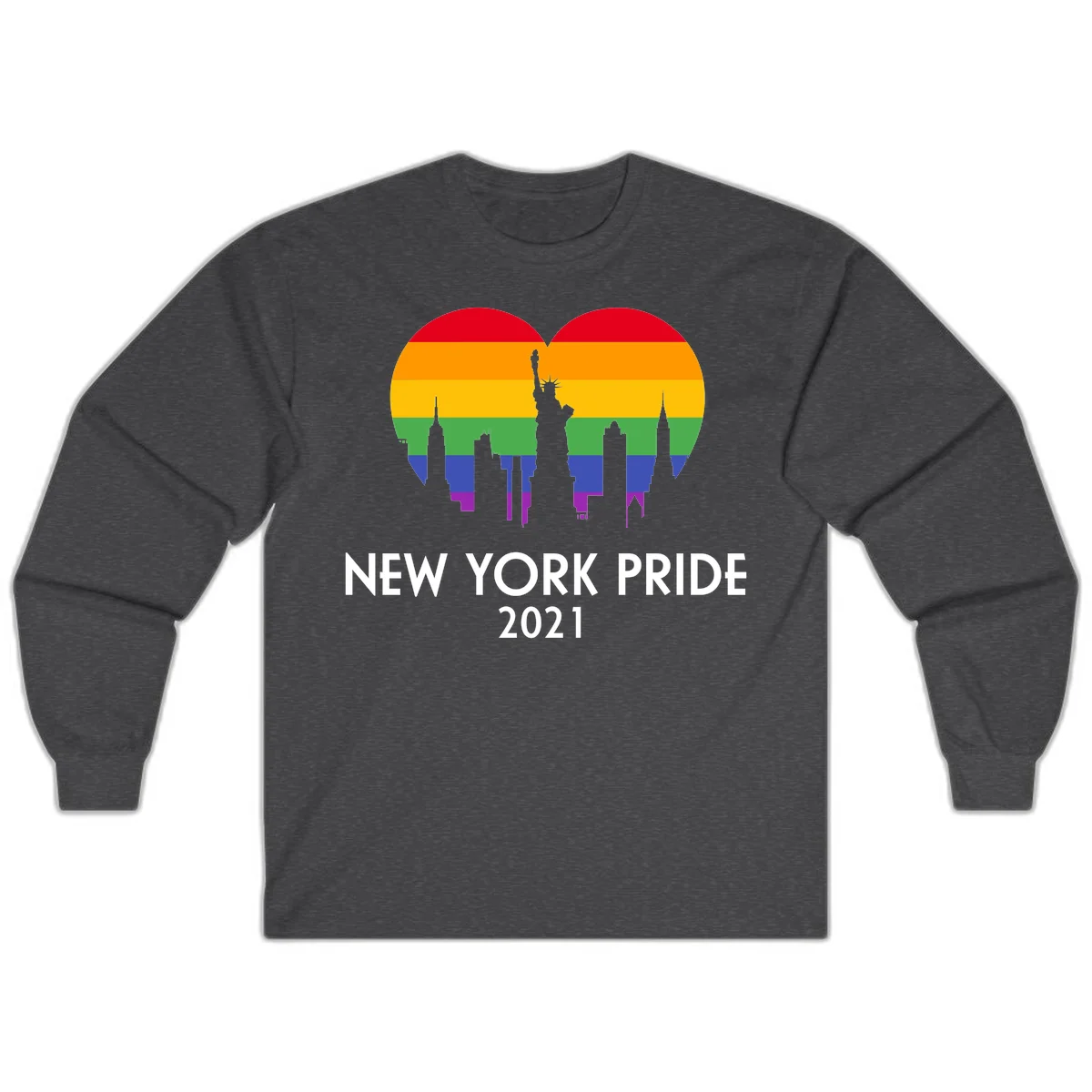 New York Pride 2021 design featuring Statue of Liberty and NYC skyline silhouettes overlaid with rainbow pride flag stripes in Dark Heather