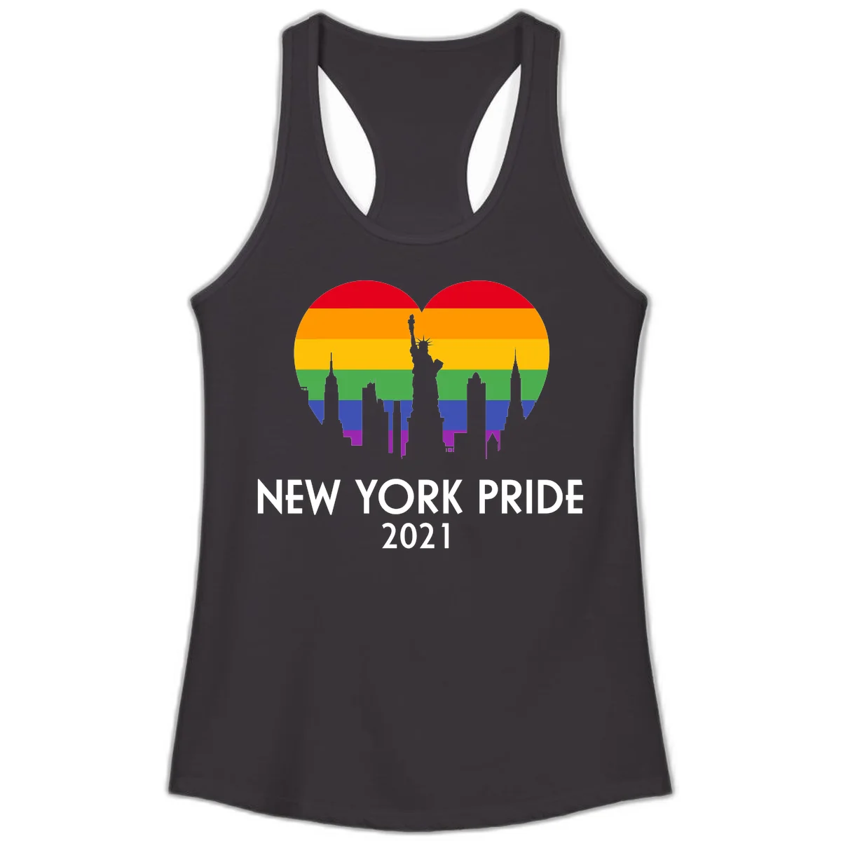 New York Pride 2021 design featuring Statue of Liberty and NYC skyline silhouettes overlaid with rainbow pride flag stripes in Black