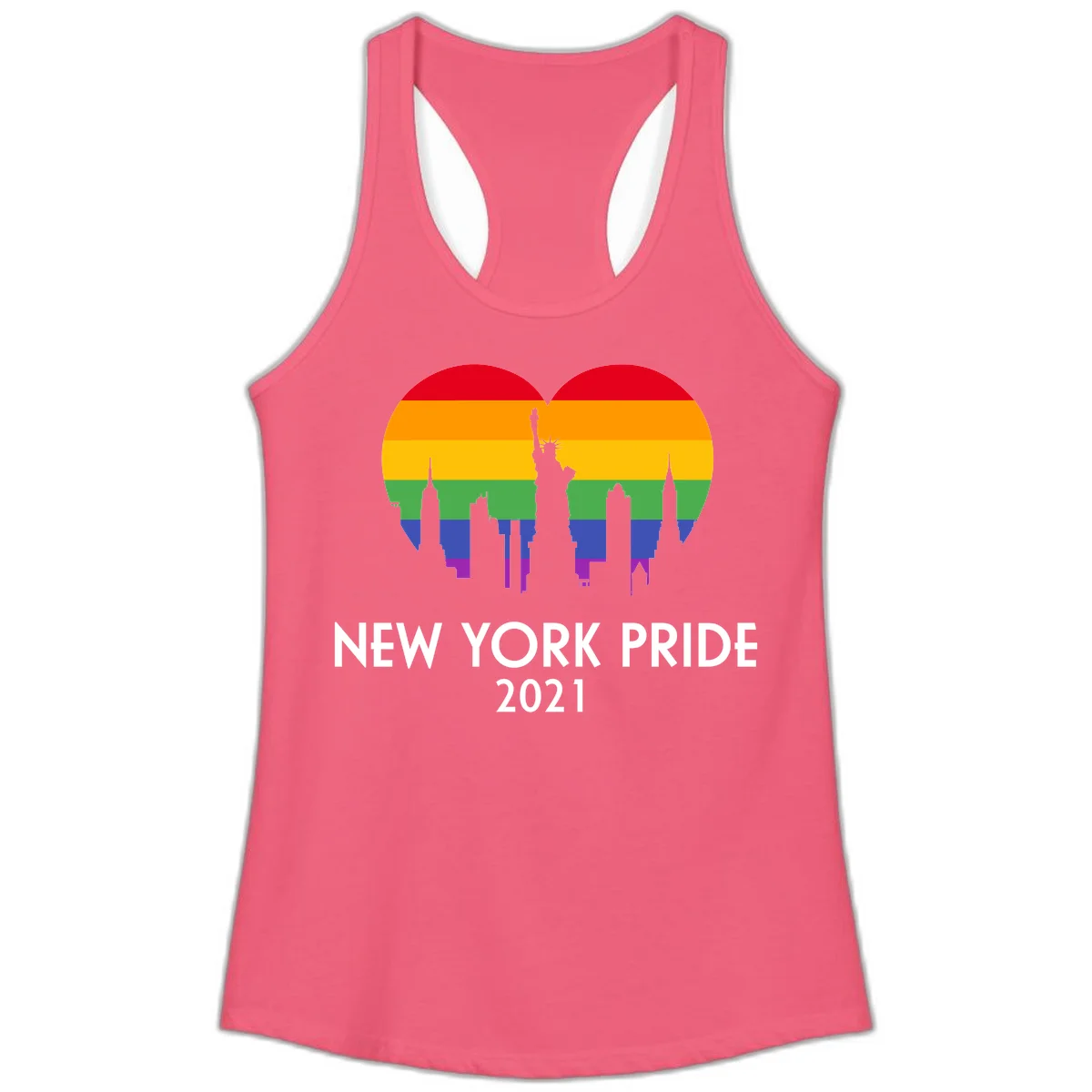 New York Pride 2021 design featuring Statue of Liberty and NYC skyline silhouettes overlaid with rainbow pride flag stripes in Hot Pink