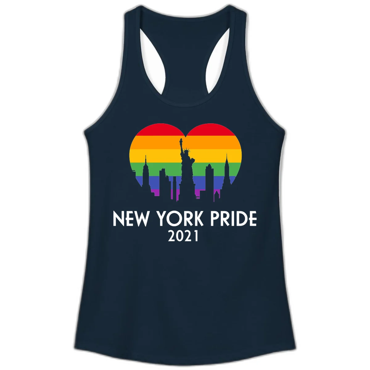 New York Pride 2021 design featuring Statue of Liberty and NYC skyline silhouettes overlaid with rainbow pride flag stripes in Solid Midnight Navy