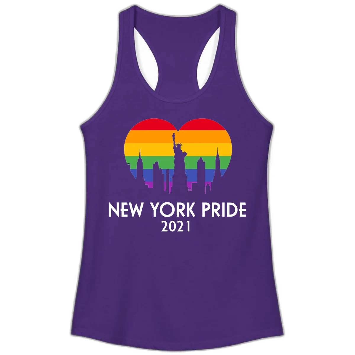 New York Pride 2021 design featuring Statue of Liberty and NYC skyline silhouettes overlaid with rainbow pride flag stripes in Solid Purple Rush