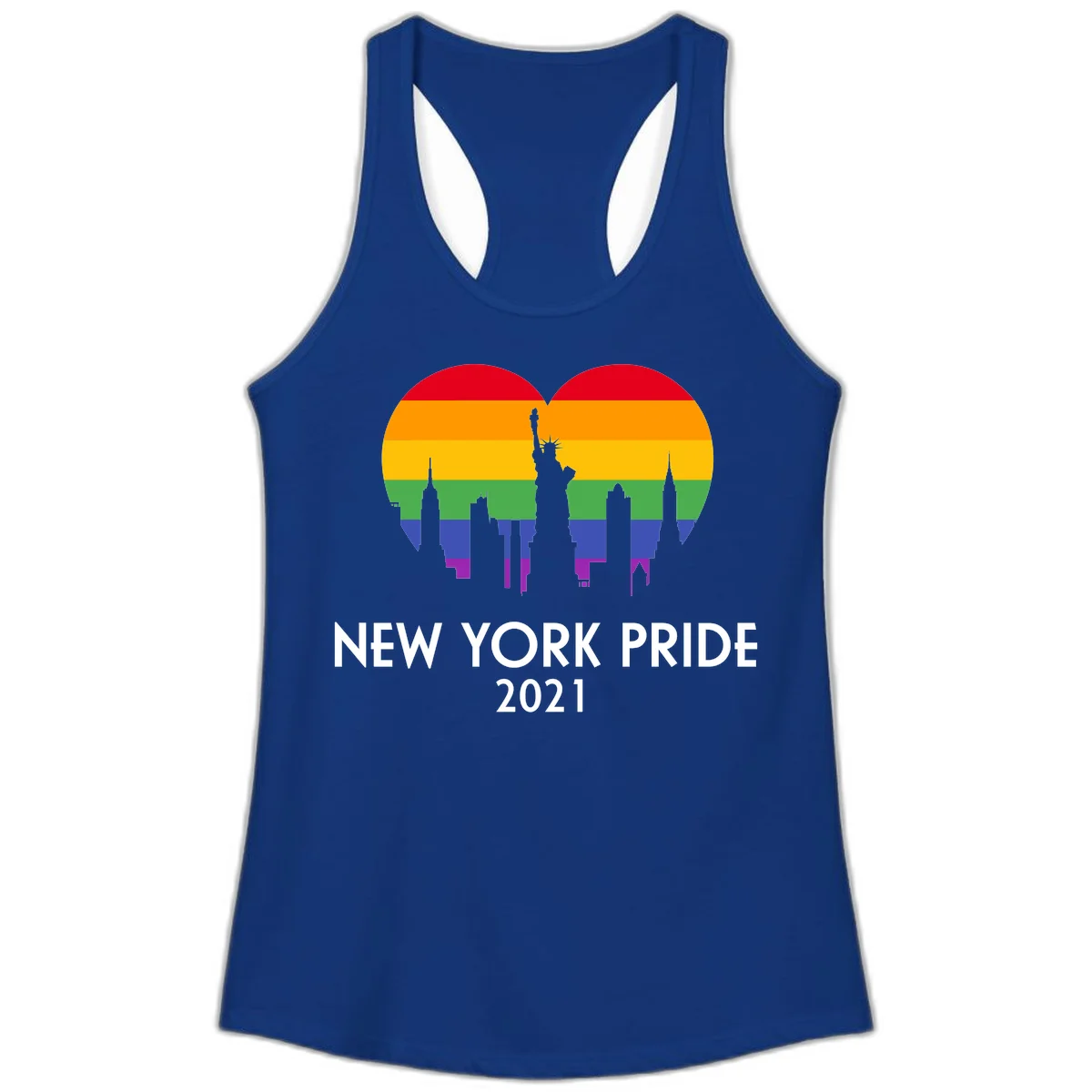 New York Pride 2021 design featuring Statue of Liberty and NYC skyline silhouettes overlaid with rainbow pride flag stripes in Solid Royal