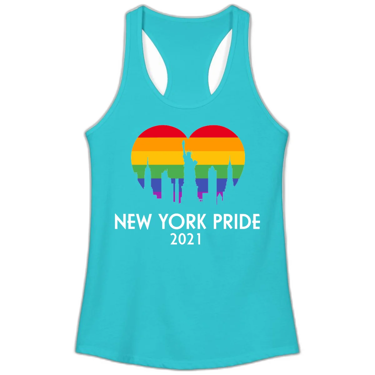 New York Pride 2021 design featuring Statue of Liberty and NYC skyline silhouettes overlaid with rainbow pride flag stripes in Solid Tahiti Blue