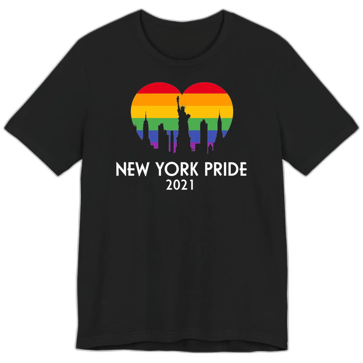 New York Pride 2021 design featuring Statue of Liberty and NYC skyline silhouettes overlaid with rainbow pride flag stripes in Black