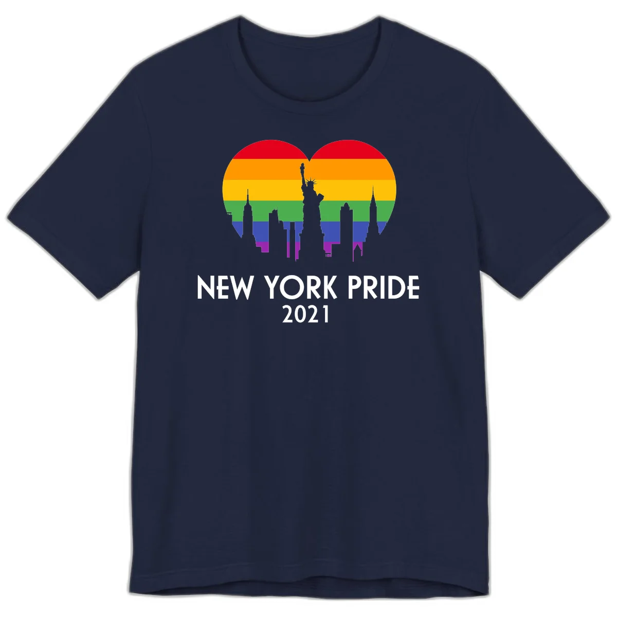 New York Pride 2021 design featuring Statue of Liberty and NYC skyline silhouettes overlaid with rainbow pride flag stripes in Navy