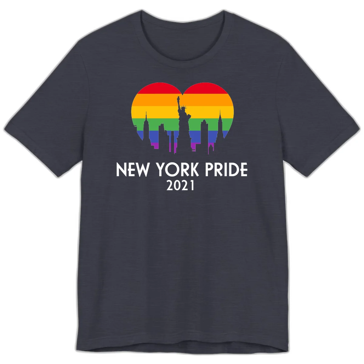 New York Pride 2021 design featuring Statue of Liberty and NYC skyline silhouettes overlaid with rainbow pride flag stripes in Heather Midnight Navy