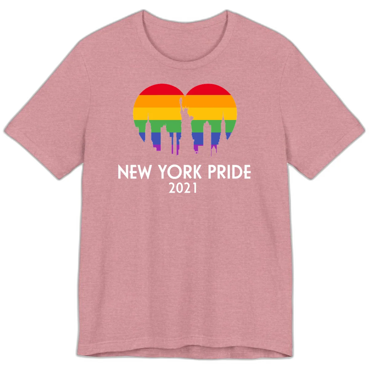 New York Pride 2021 design featuring Statue of Liberty and NYC skyline silhouettes overlaid with rainbow pride flag stripes in Heather Orchid
