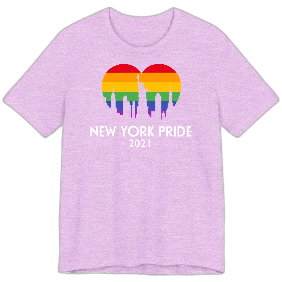 New York Pride 2021 design featuring Statue of Liberty and NYC skyline silhouettes overlaid with rainbow pride flag stripes in Heather Prism Lilac