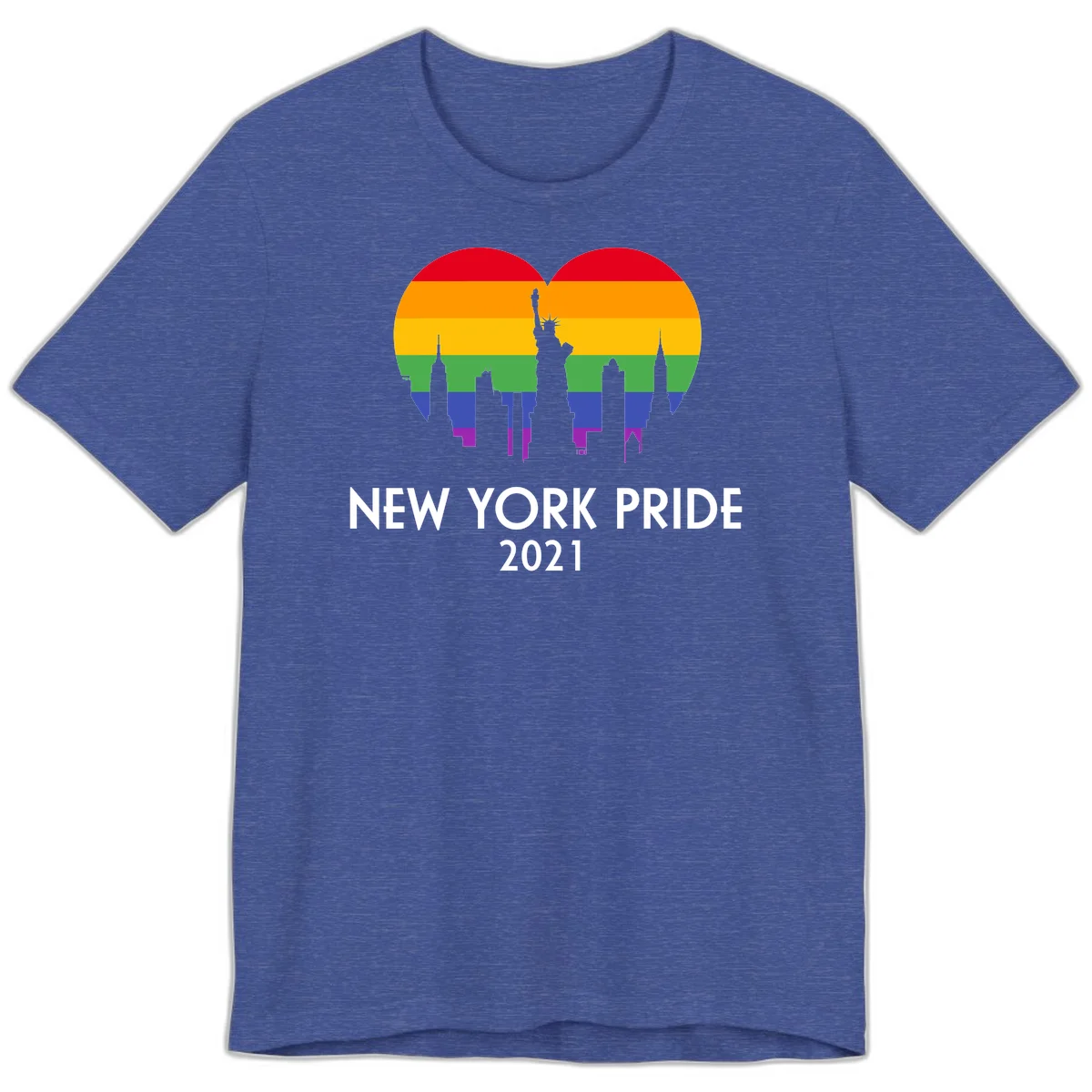 New York Pride 2021 design featuring Statue of Liberty and NYC skyline silhouettes overlaid with rainbow pride flag stripes in Heather True Royal
