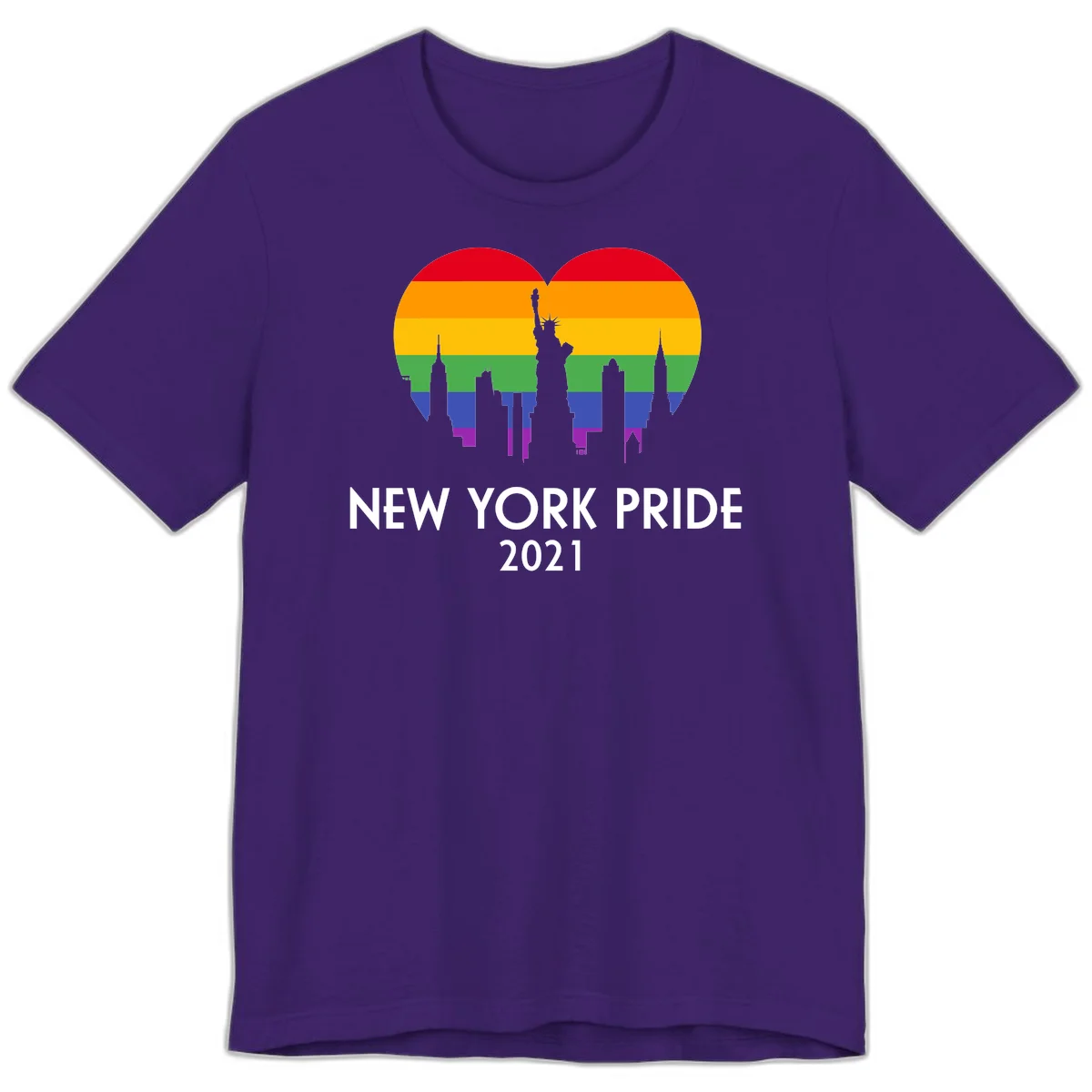 New York Pride 2021 design featuring Statue of Liberty and NYC skyline silhouettes overlaid with rainbow pride flag stripes in Team Purple
