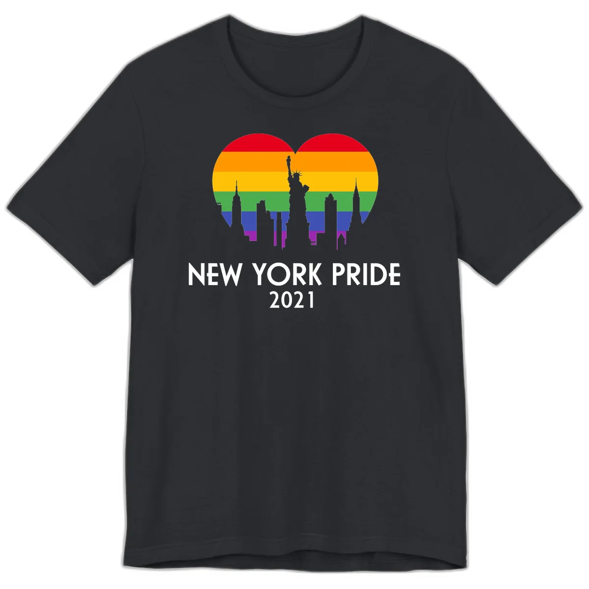 New York Pride 2021 design featuring Statue of Liberty and NYC skyline silhouettes overlaid with rainbow pride flag stripes in Vintage Black