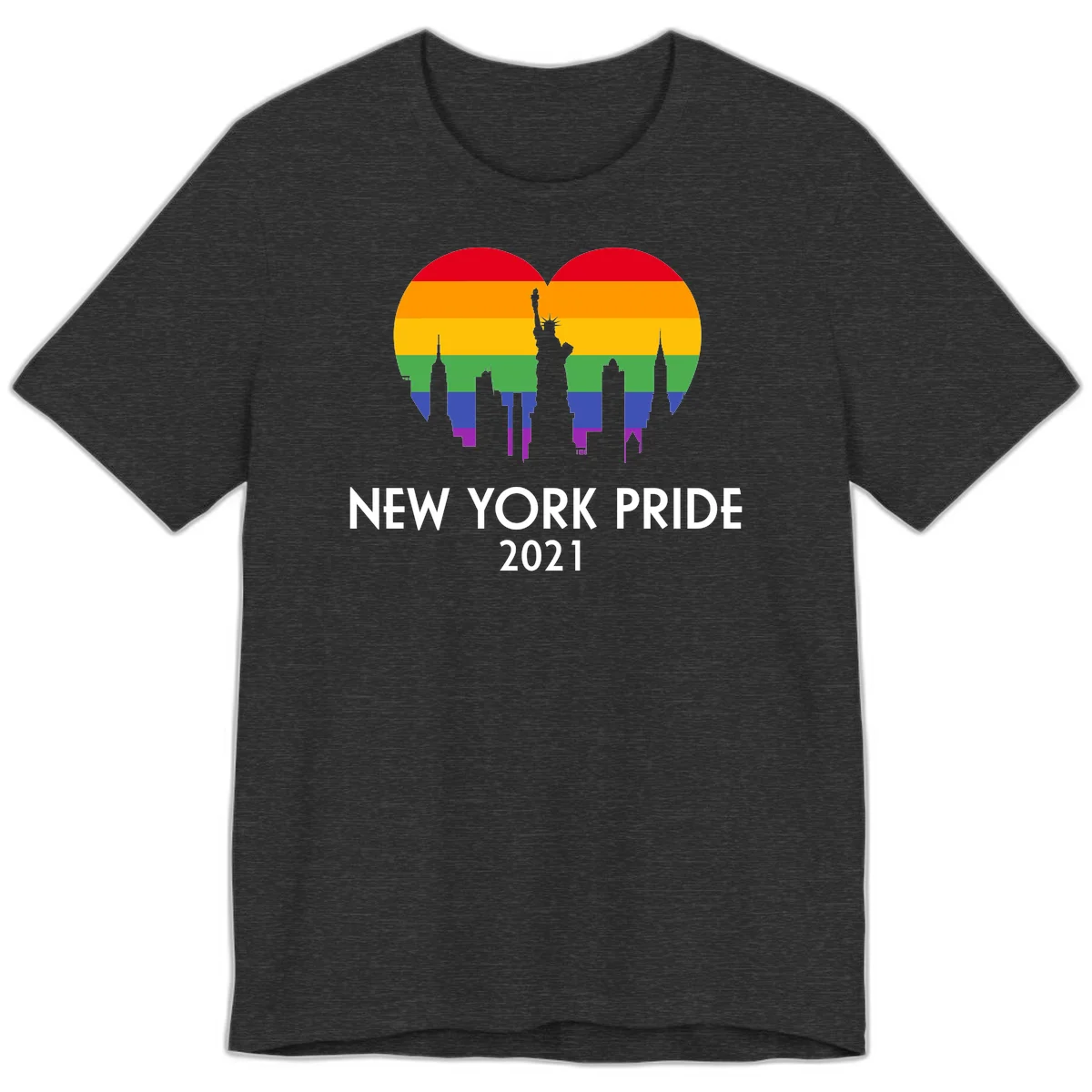New York Pride 2021 design featuring Statue of Liberty and NYC skyline silhouettes overlaid with rainbow pride flag stripes in Dark Grey Heather