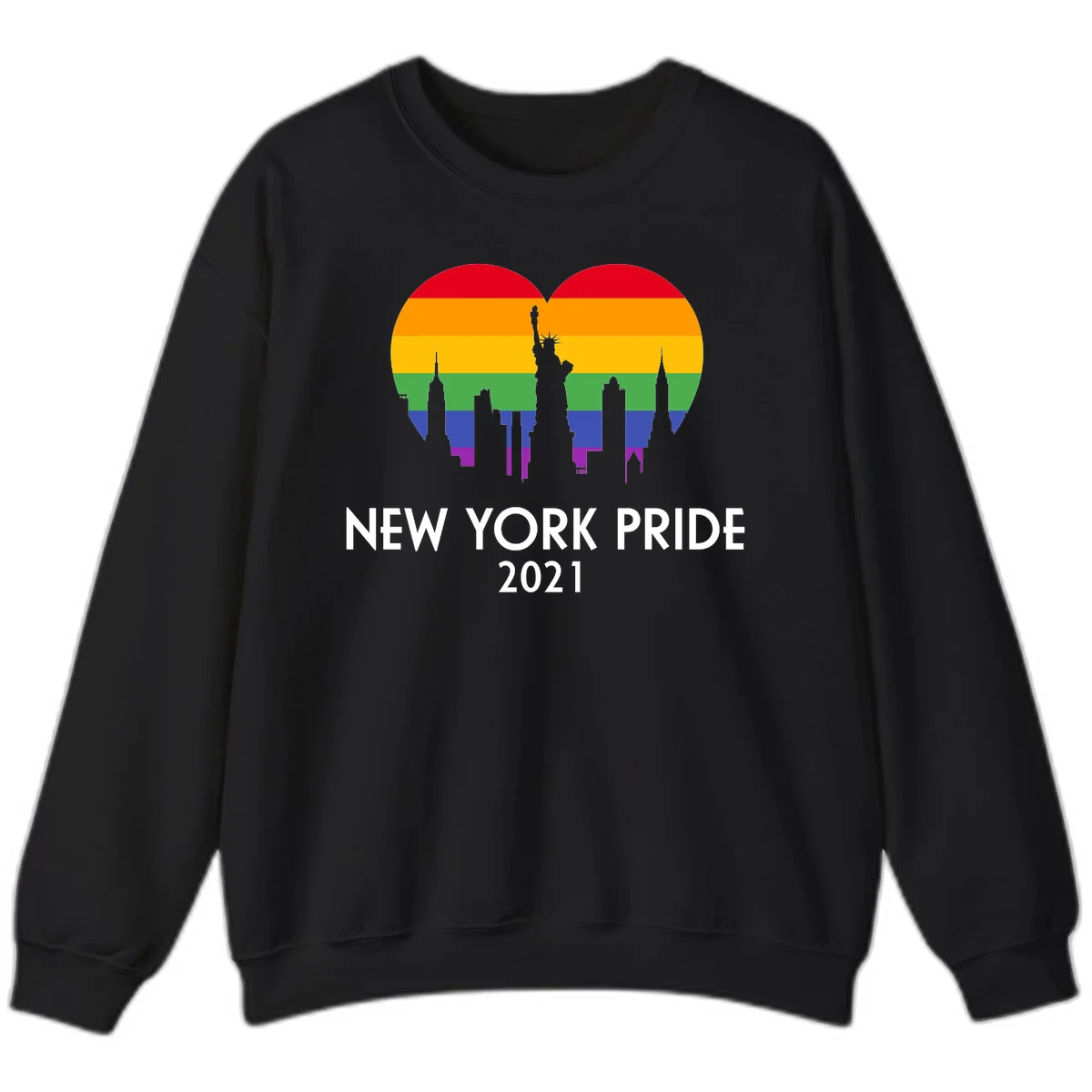New York Pride 2021 design featuring Statue of Liberty and NYC skyline silhouettes overlaid with rainbow pride flag stripes in Black