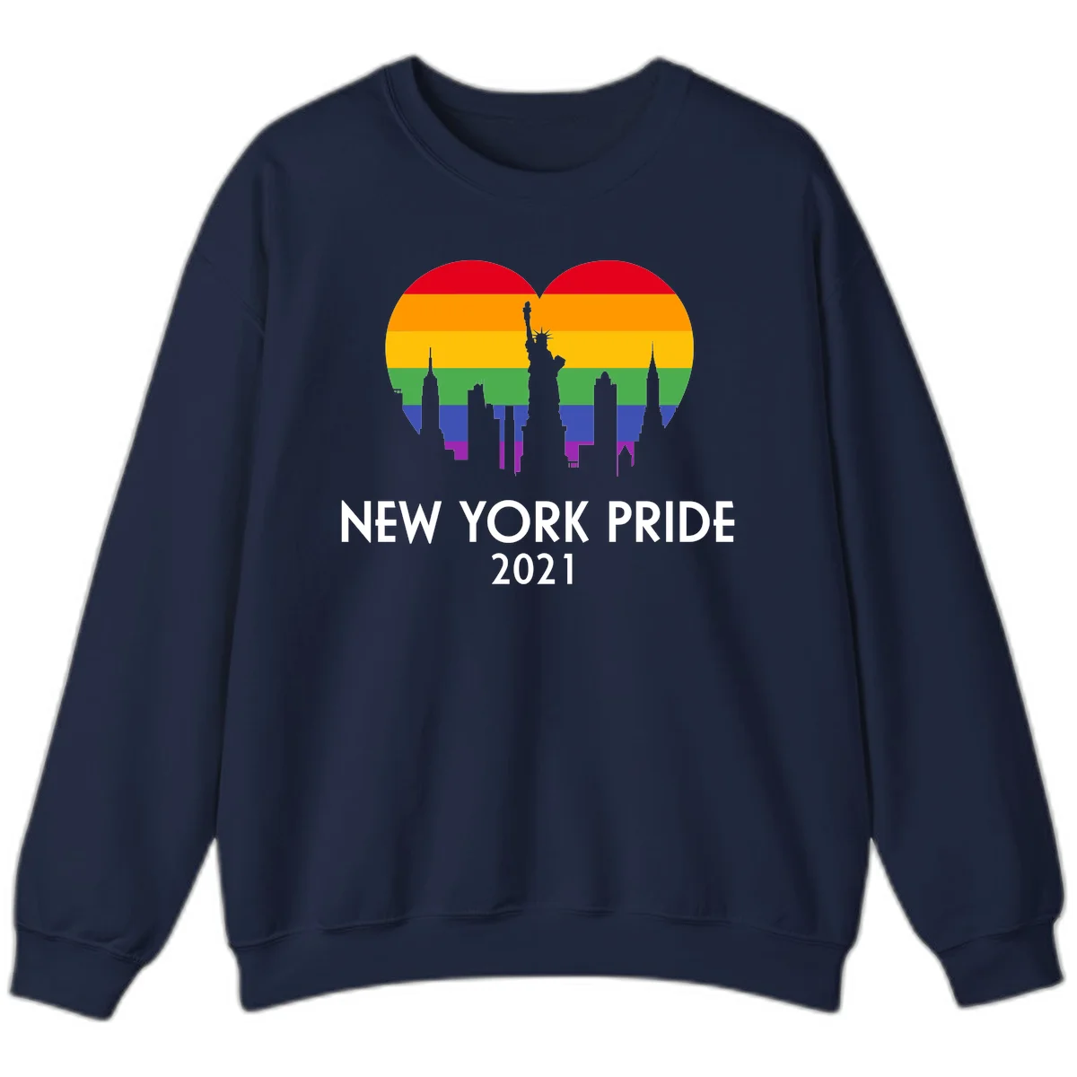 New York Pride 2021 design featuring Statue of Liberty and NYC skyline silhouettes overlaid with rainbow pride flag stripes in Navy