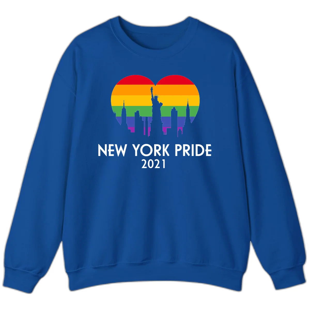 New York Pride 2021 design featuring Statue of Liberty and NYC skyline silhouettes overlaid with rainbow pride flag stripes in Royal