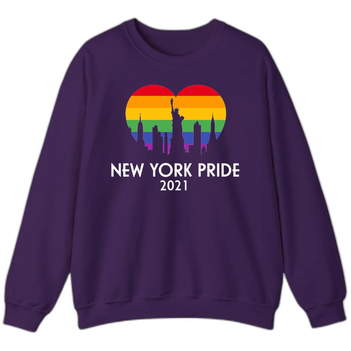 New York Pride 2021 design featuring Statue of Liberty and NYC skyline silhouettes overlaid with rainbow pride flag stripes in Purple