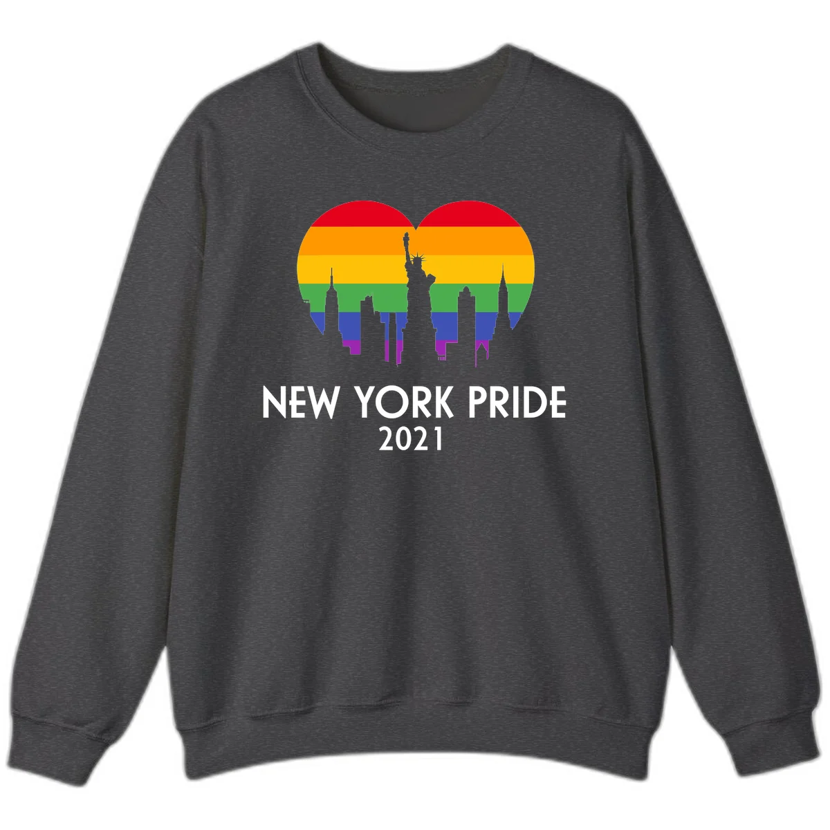 New York Pride 2021 design featuring Statue of Liberty and NYC skyline silhouettes overlaid with rainbow pride flag stripes in Dark Heather