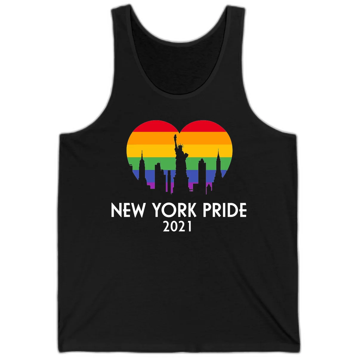 New York Pride 2021 design featuring Statue of Liberty and NYC skyline silhouettes overlaid with rainbow pride flag stripes in Black