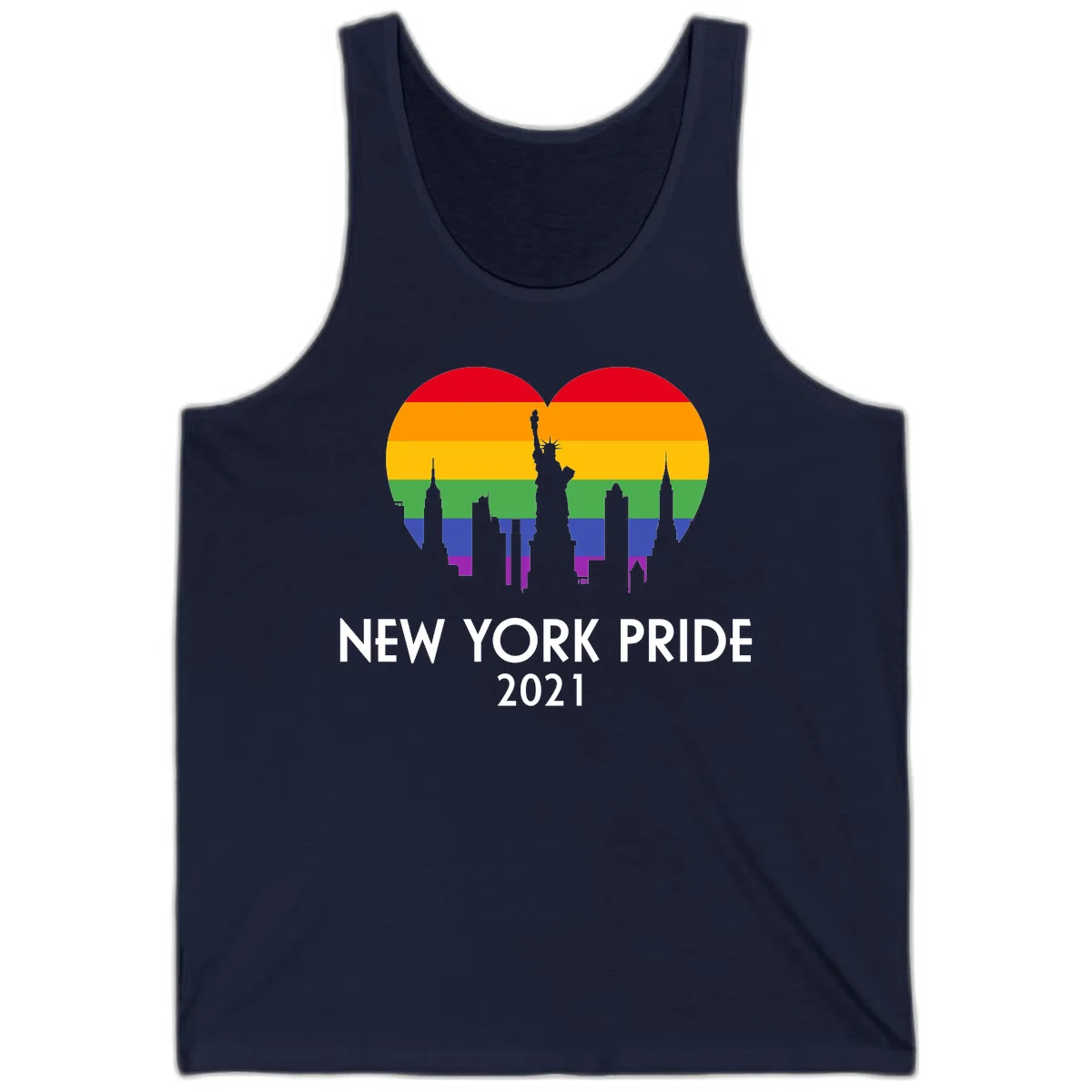 New York Pride 2021 design featuring Statue of Liberty and NYC skyline silhouettes overlaid with rainbow pride flag stripes in Navy