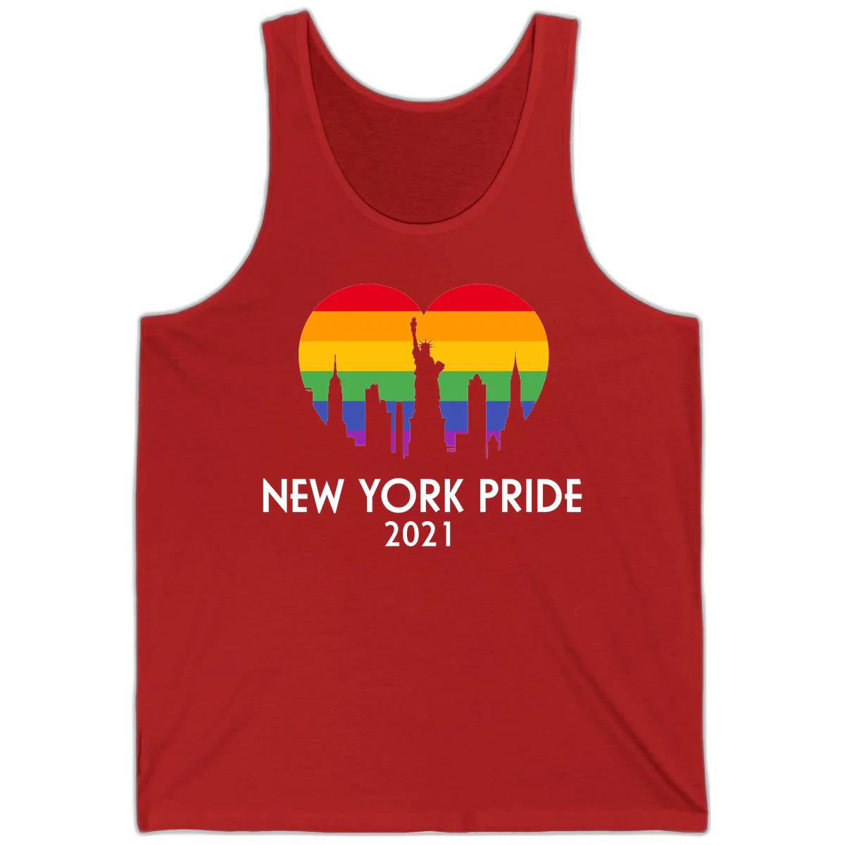 New York Pride 2021 design featuring Statue of Liberty and NYC skyline silhouettes overlaid with rainbow pride flag stripes in Red