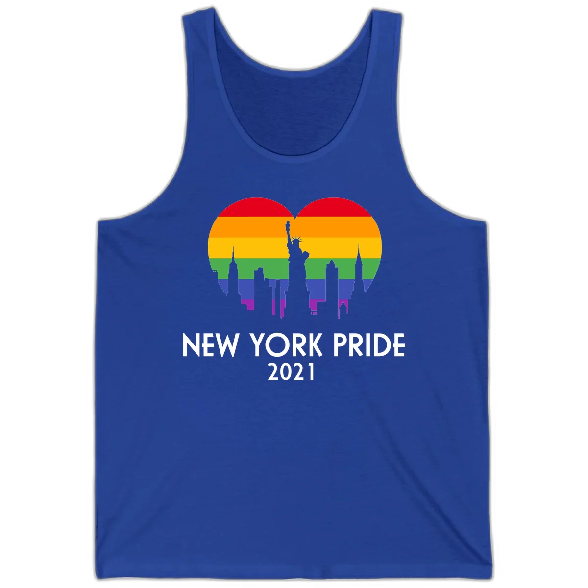 New York Pride 2021 design featuring Statue of Liberty and NYC skyline silhouettes overlaid with rainbow pride flag stripes in True Royal