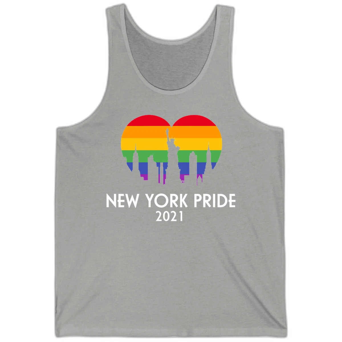 New York Pride 2021 design featuring Statue of Liberty and NYC skyline silhouettes overlaid with rainbow pride flag stripes in Athletic Heather