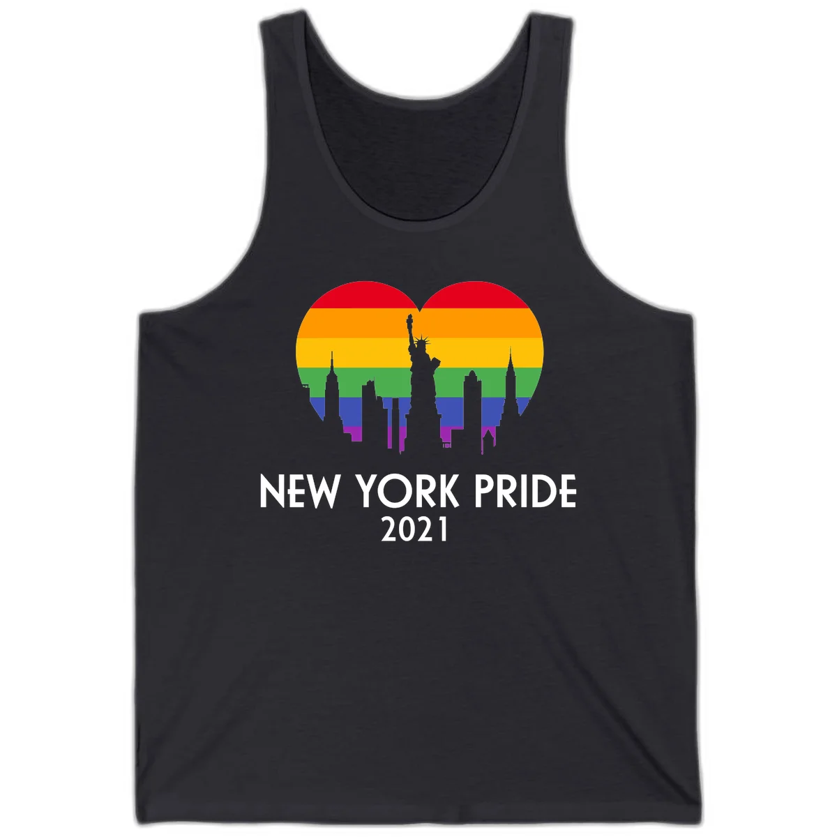 New York Pride 2021 design featuring Statue of Liberty and NYC skyline silhouettes overlaid with rainbow pride flag stripes in Dark Grey