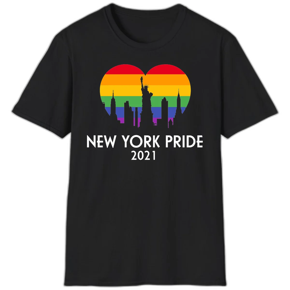 New York Pride 2021 design featuring Statue of Liberty and NYC skyline silhouettes overlaid with rainbow pride flag stripes in Black