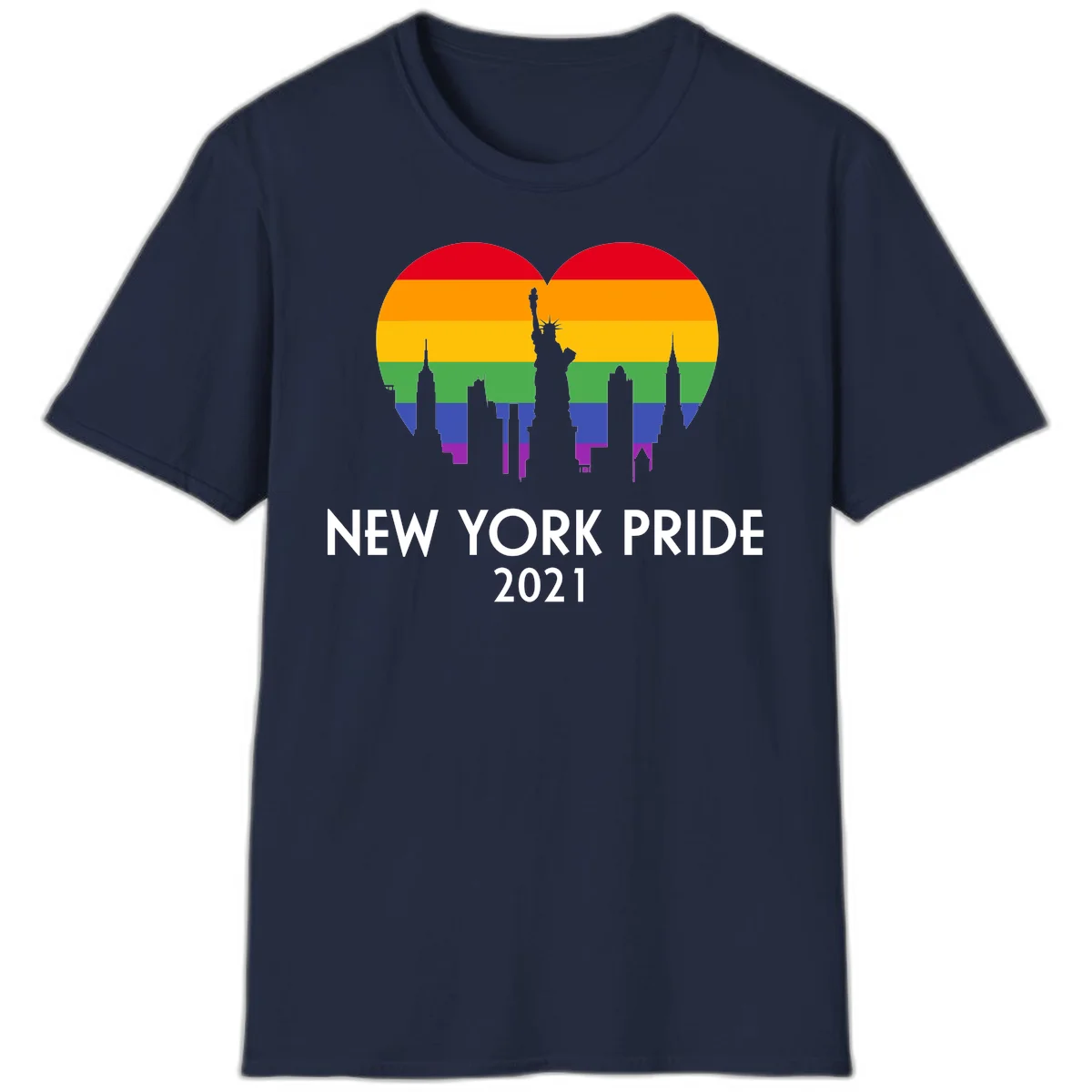 New York Pride 2021 design featuring Statue of Liberty and NYC skyline silhouettes overlaid with rainbow pride flag stripes in Navy
