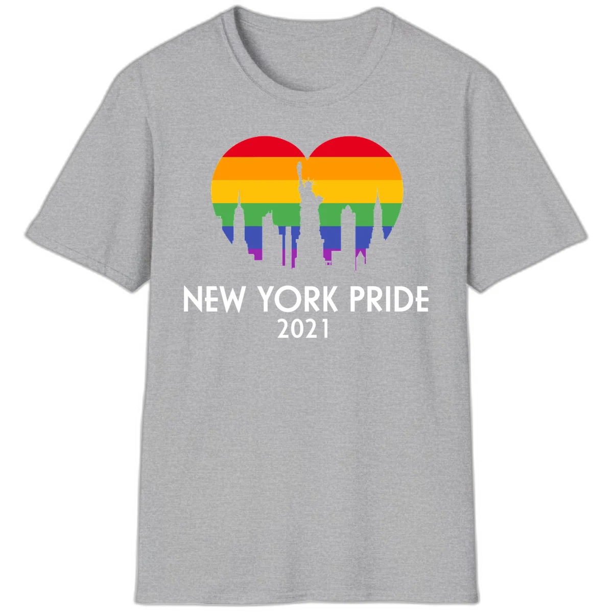 New York Pride 2021 design featuring Statue of Liberty and NYC skyline silhouettes overlaid with rainbow pride flag stripes in Sport Grey