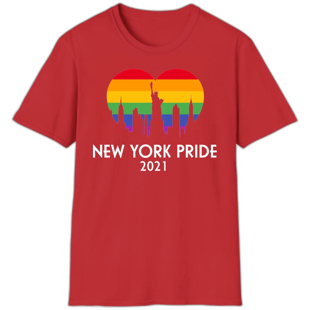 New York Pride 2021 design featuring Statue of Liberty and NYC skyline silhouettes overlaid with rainbow pride flag stripes in Red