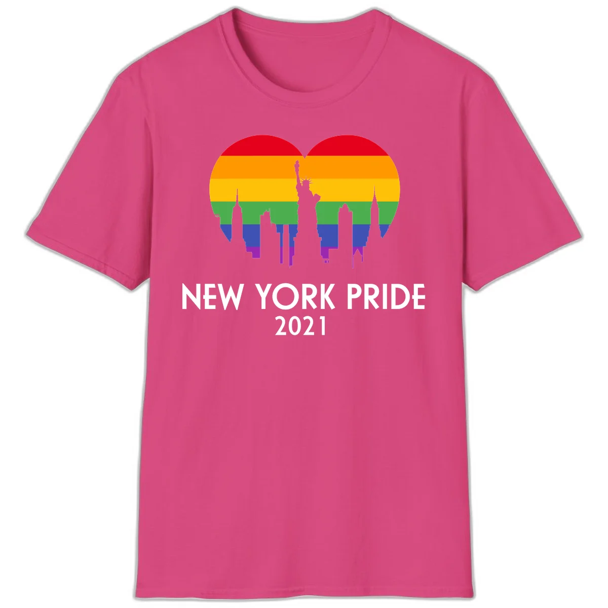 New York Pride 2021 design featuring Statue of Liberty and NYC skyline silhouettes overlaid with rainbow pride flag stripes in Heliconia