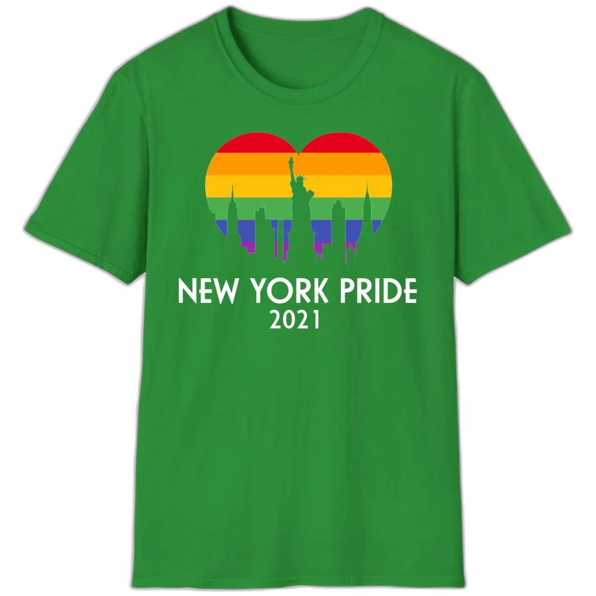 New York Pride 2021 design featuring Statue of Liberty and NYC skyline silhouettes overlaid with rainbow pride flag stripes in Irish Green