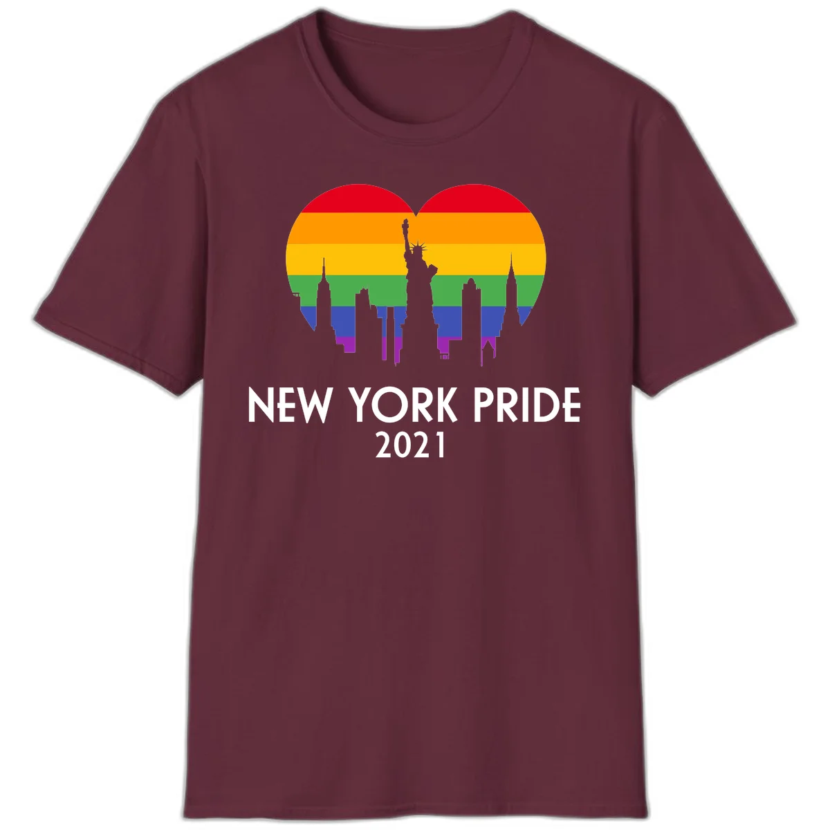 New York Pride 2021 design featuring Statue of Liberty and NYC skyline silhouettes overlaid with rainbow pride flag stripes in Maroon