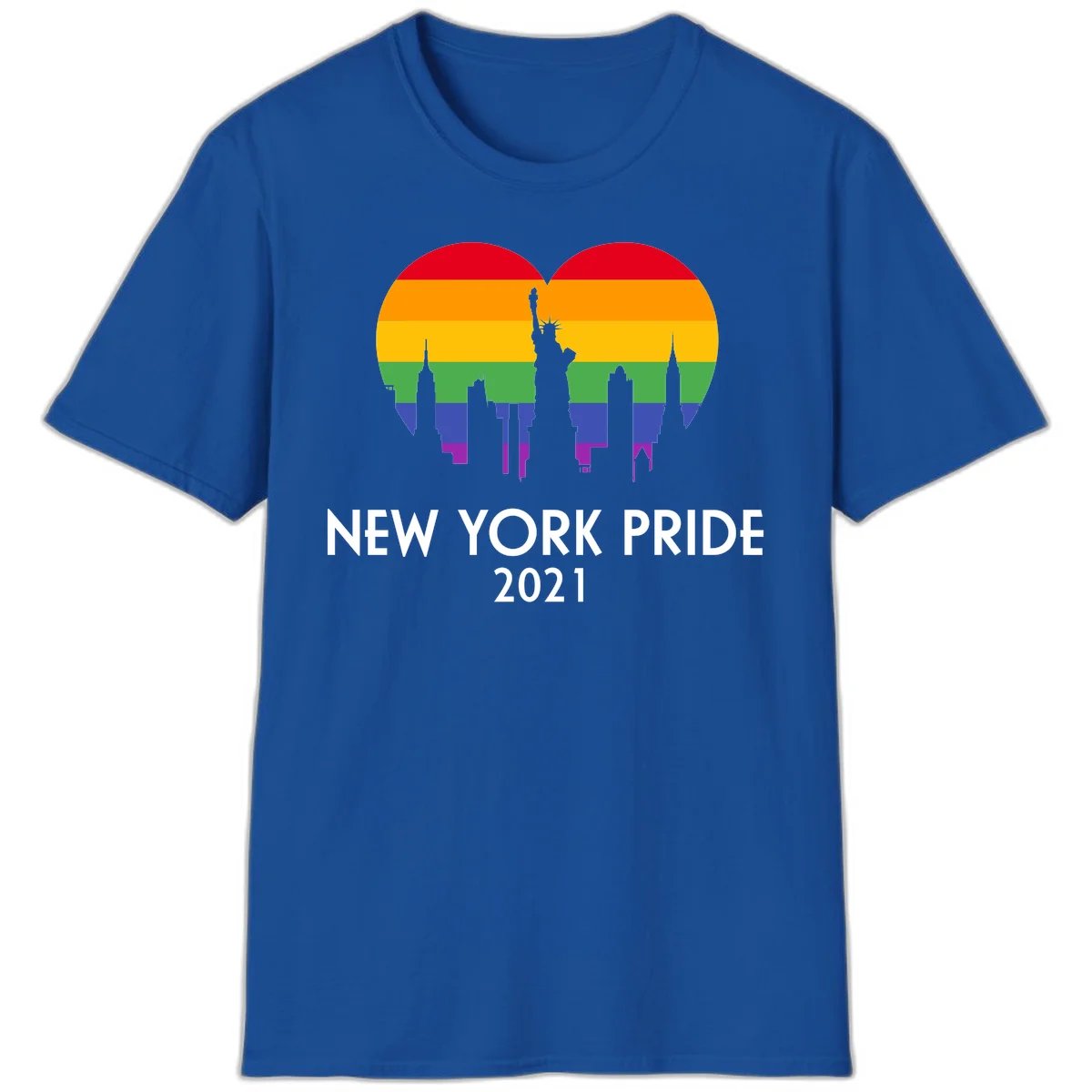 New York Pride 2021 design featuring Statue of Liberty and NYC skyline silhouettes overlaid with rainbow pride flag stripes in Royal