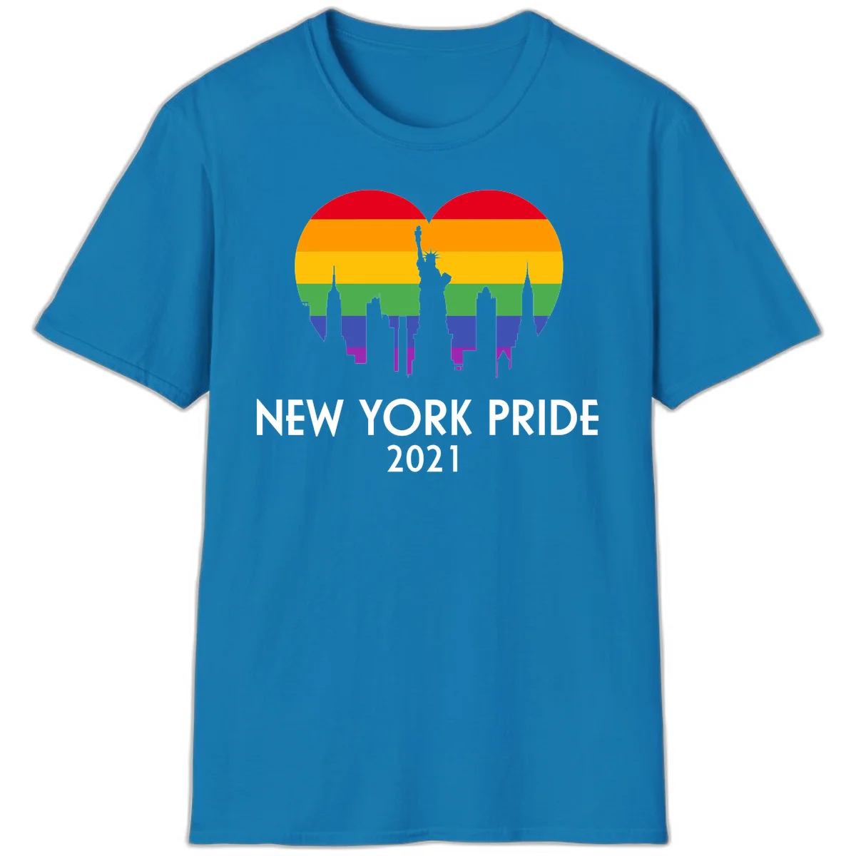 New York Pride 2021 design featuring Statue of Liberty and NYC skyline silhouettes overlaid with rainbow pride flag stripes in Sapphire