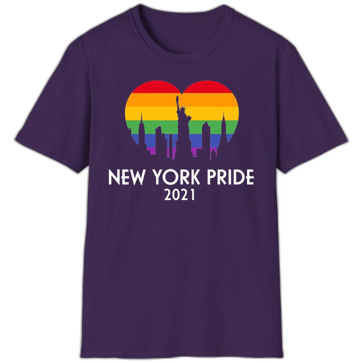 New York Pride 2021 design featuring Statue of Liberty and NYC skyline silhouettes overlaid with rainbow pride flag stripes in Purple